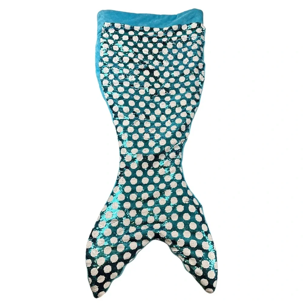 Cynthia Rowley Mermaid Tail Blanket Teal White‎ Polka Dot Flip Sequin Fleece